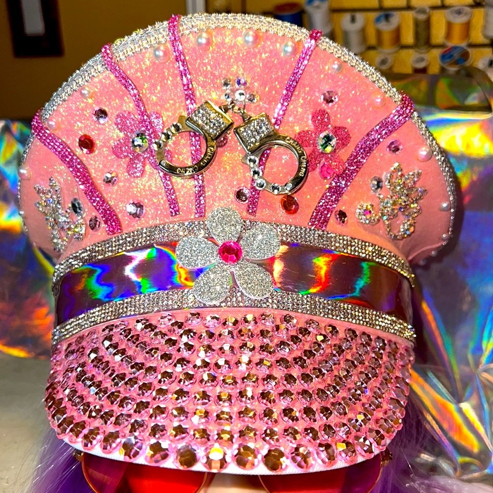 NEW Please “Cuff Me Love” Pink glittery Rave Hat